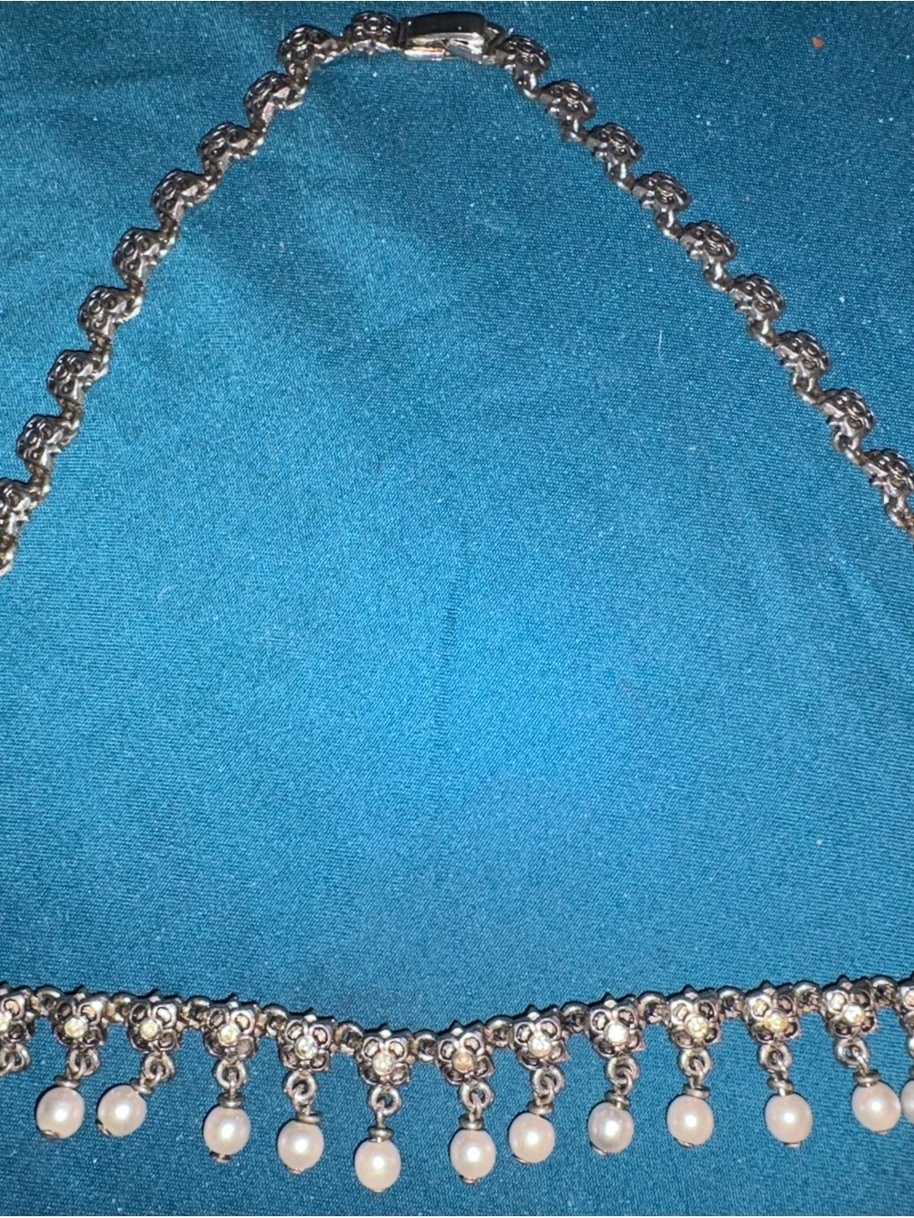 Authentic Indian Pearl Dangle Floral Chain Necklace - Silver Tone